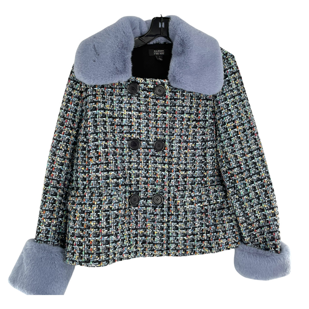 HALOGEN ATLANTIC-PACIFIC TWEED COAT WITH FUR